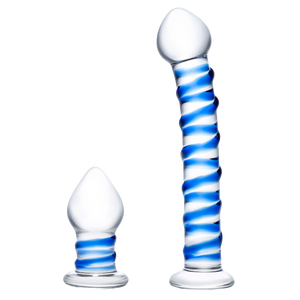 2PC Double Penetration Glass Swirly Dildo & Butt Plug Set