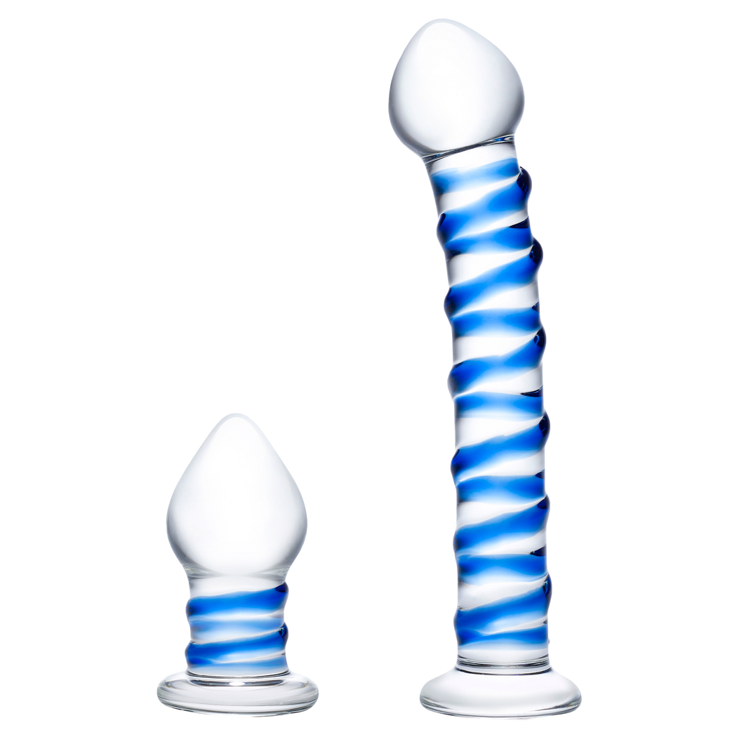 2PC Double Penetration Glass Swirly Dildo & Butt Plug Set