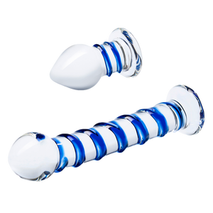 2PC Double Penetration Glass Swirly Dildo & Butt Plug Set