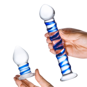 2PC Double Penetration Glass Swirly Dildo & Butt Plug Set